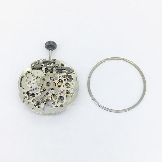 Miyota 8N24 silver automatic skeleton watch movement by Japan Brand, showcasing intricate mechanical design.