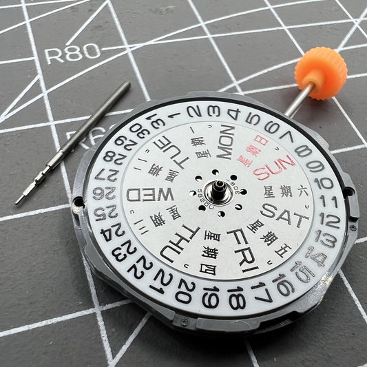 Miyota 1M02 Japan Quartz watch movement with 3 hands, date at 3 o'clock, English & Chinese day-date dial.