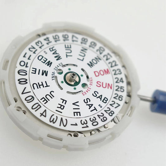 Epson YN56 mechanical watch movement showing date and day function, Japan brand quality.