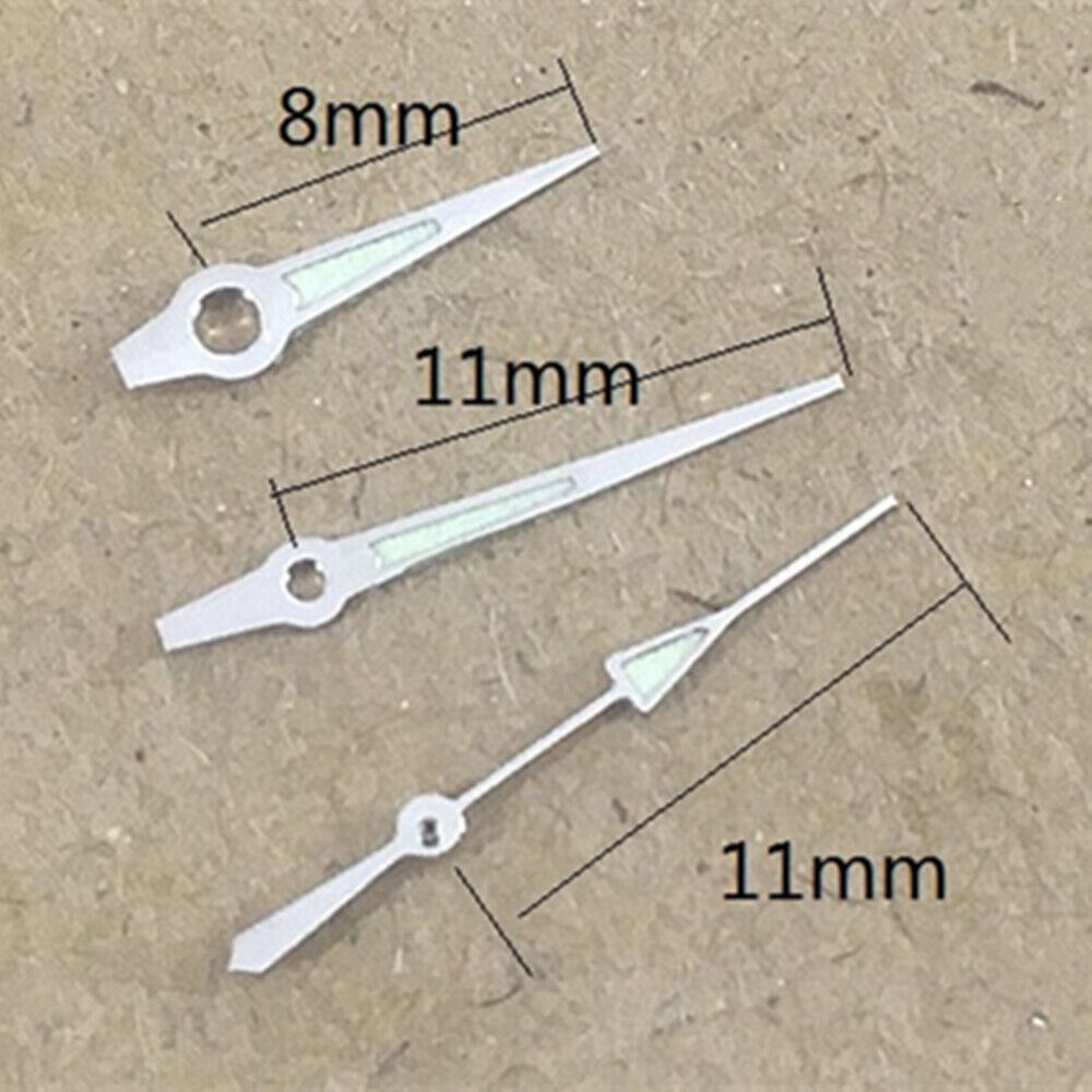 Silver-trimmed luminous watch hands for Miyota 2035, improving visibility and elegant style in watch accessories.