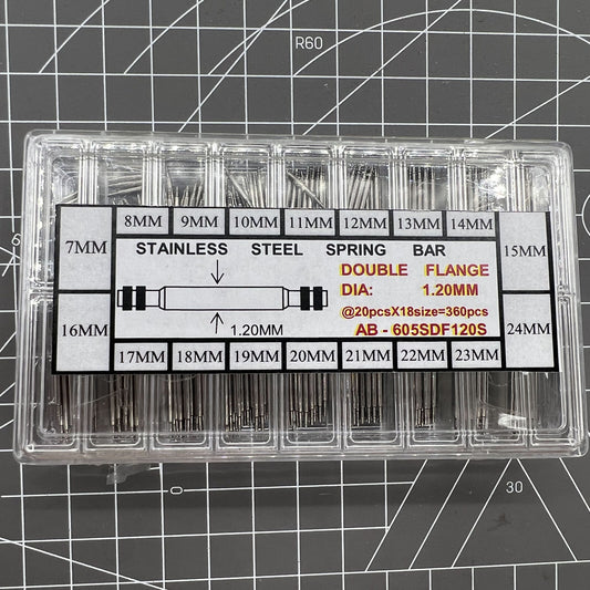 Double flange stainless steel watch spring bar kit, 18 sizes, 360PCS/box for secure watch strap installation