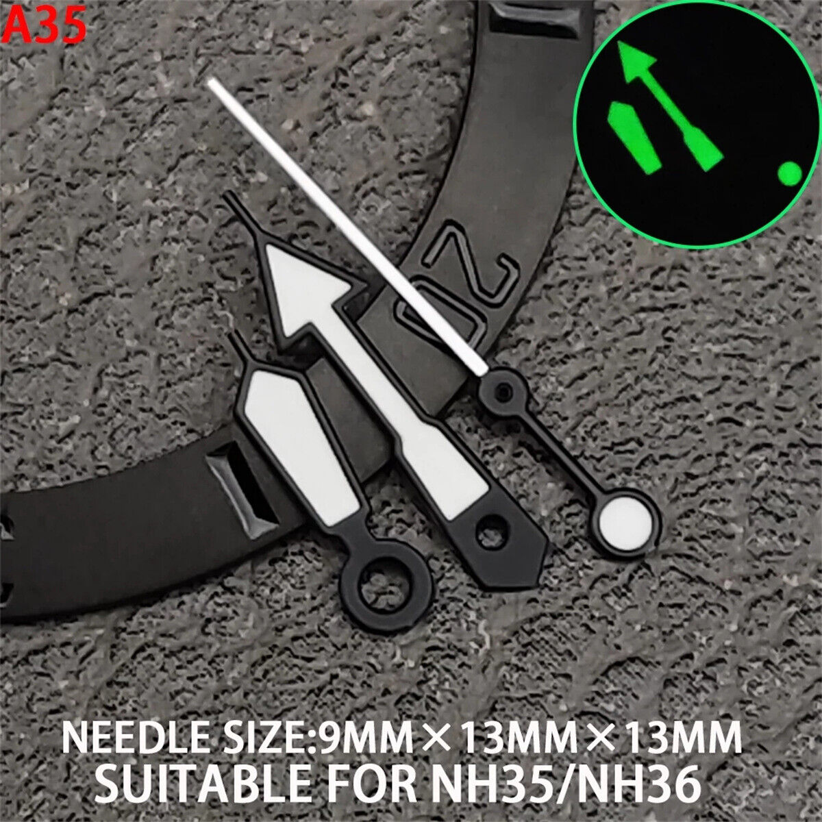 Uhrzeiger, 13 mm, grüne Leuchtmasse, schwarzer Rand, weiß lackiert, Pfeilform für NH35/36