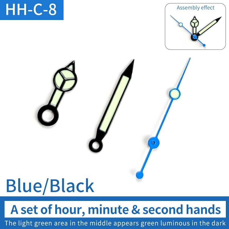 Green luminous watch hands set with pins for SKX007/009 NH35 movement, enhancing dial visibility.