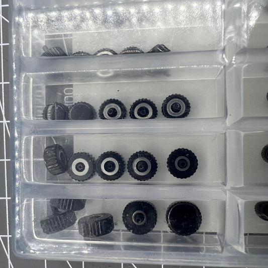 Stainless steel black waterproof watch crowns assortment, 50pcs, ideal for watch repairs and customization.