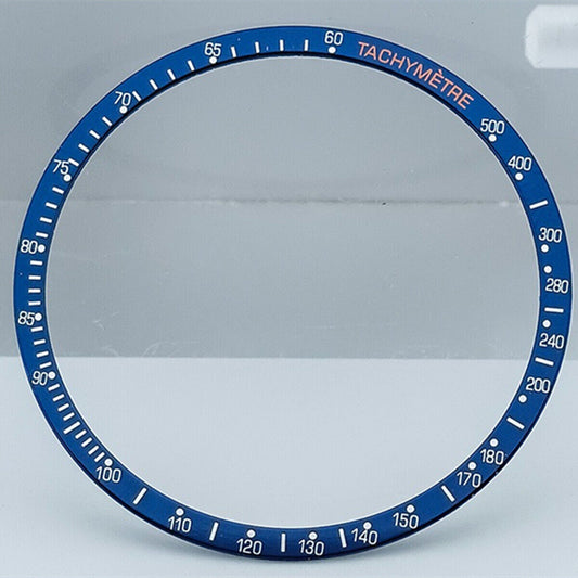 Aluminum alloy blue bezel with white and orange font for Omega Speedmaster watches, enhancing style and durability.