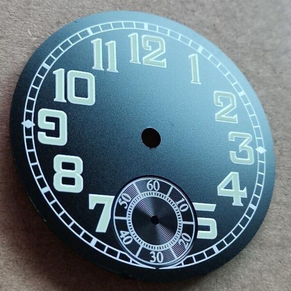 35mm black pilot watch dial with green luminous hands for ETA6498 men's watches accessory.