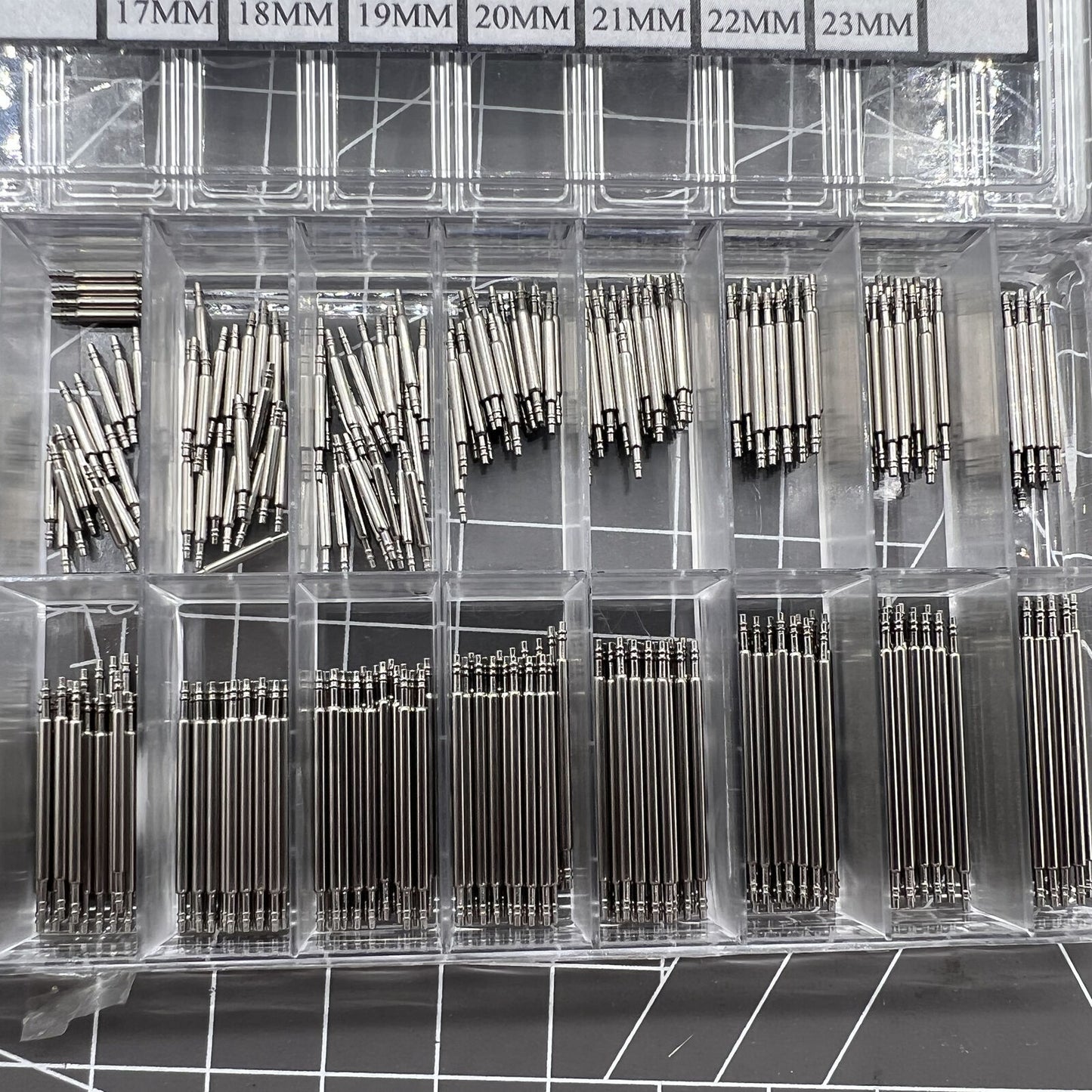 Double flange stainless steel watch spring bar kit with 18 sizes, 360 pieces for secure watch strap fitting.