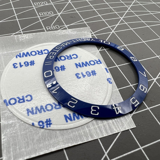 Ceramic 38mm blue bezel ring with white font for Yacht Master watch, enhancing style and durability.