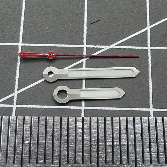 13mm silver trim watch hands with red second hand and green lume, compatible with NH35 NH36 7S26 7S36 movements.