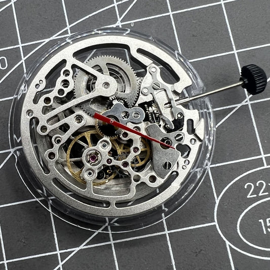 Seagull Silver TY2809 skeleton watch movement showcasing automatic mechanical gears and intricate design.