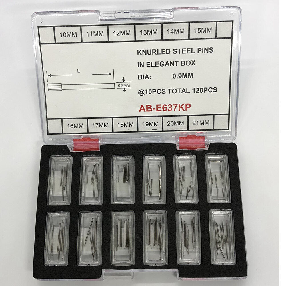 Goupilles moletées en acier dans une élégante boîte, dimensions de 10 à 21 mm, diamètre : 0,9 mm, 120 pièces/boîte