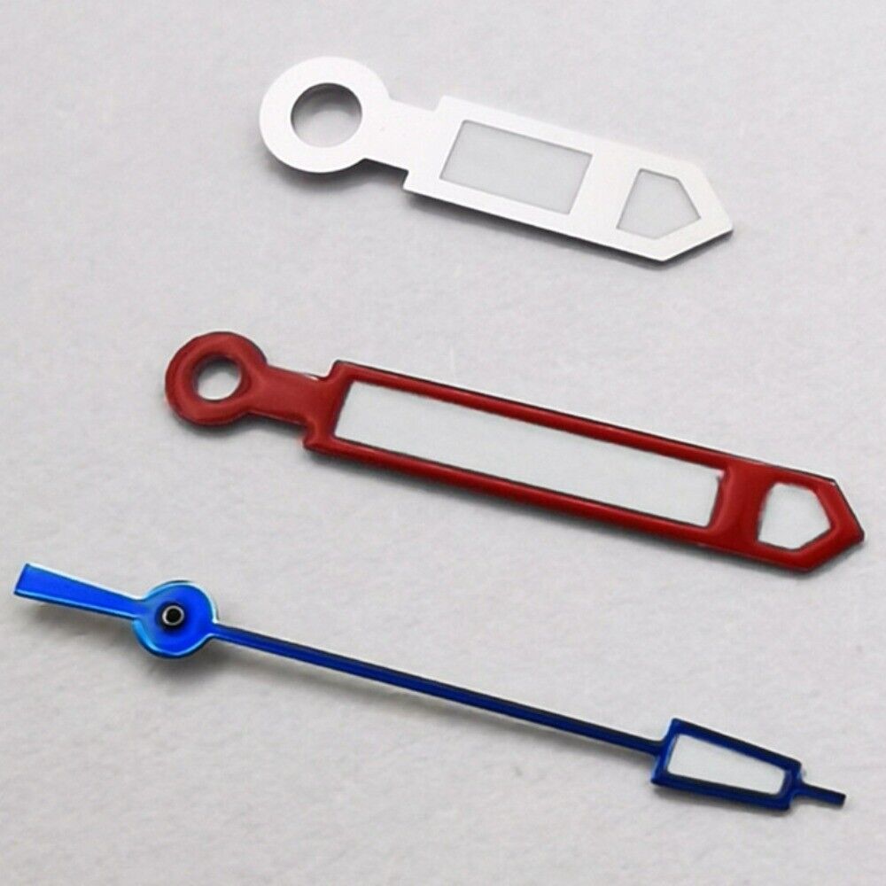 Silver watch hands with red trim, blue second hand, green lume; fits NH35/NH36 movements.