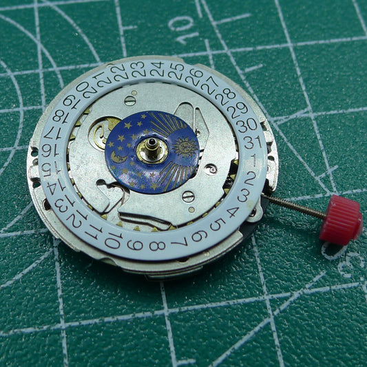 Wholesale ISA 1198 Quartz Movement watch with Swiss-made moon and star phase dial detail.