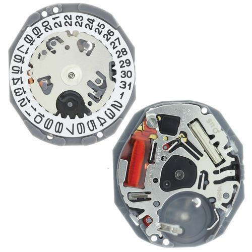 Hattori Epson TMI VJ24 quartz watch movement showing date windows at 3 and 6, Japan precision.