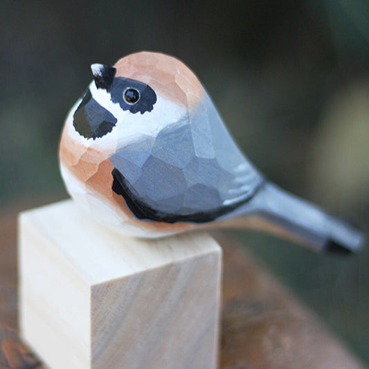 Handcrafted Aegithalos Concinnus wooden figurine, decorative bird sculpture for home decor.