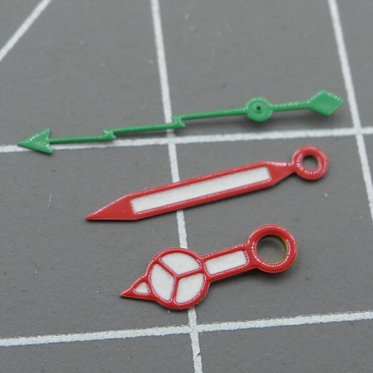 Green Lightning watch hands with red trim lume, compatible with NH35, NH36, SKX007, SBBN models.
