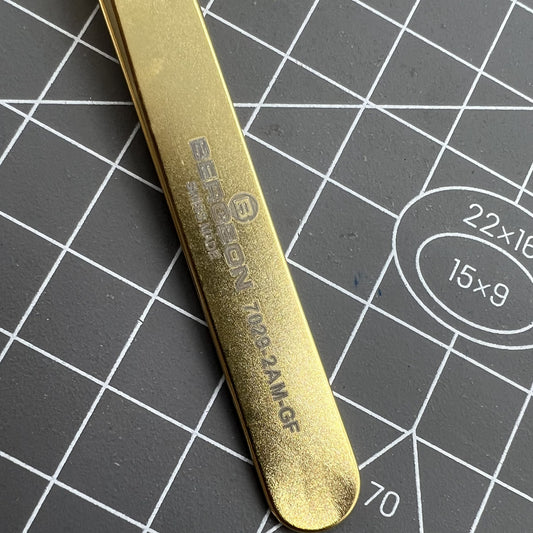 Swiss Made Bergeon 7029-2AM-GF gold-plated antimagnetic brass tweezers for precise watch accessory handling