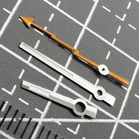 Silver-trimmed orange luminous watch hands set, compatible with Asian 8215/2813/8205 movements.