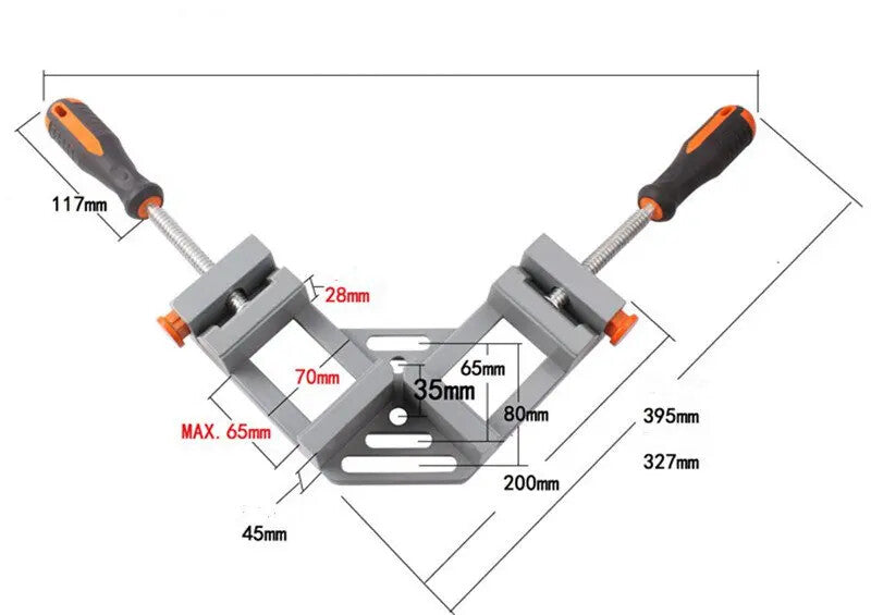 Double Handle 90� Corner Clamp, aluminum alloy tool for precise woodworking and strong right-angle joints.