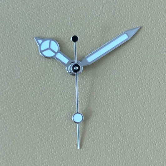 Green luminous watch hands set for NH35A/NH36A movement, includes 3 hands, sizes 8/12/12.5mm, brand included.