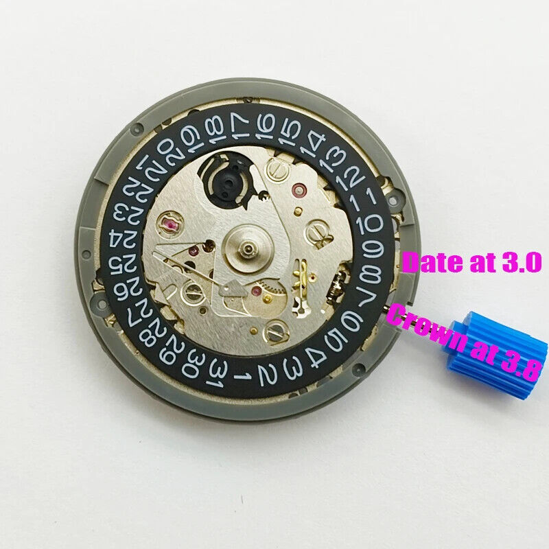 In Japan hergestelltes NH35-Automatikwerk mit schwarzem Datumszifferblatt und Krone bei 3,8/3,0