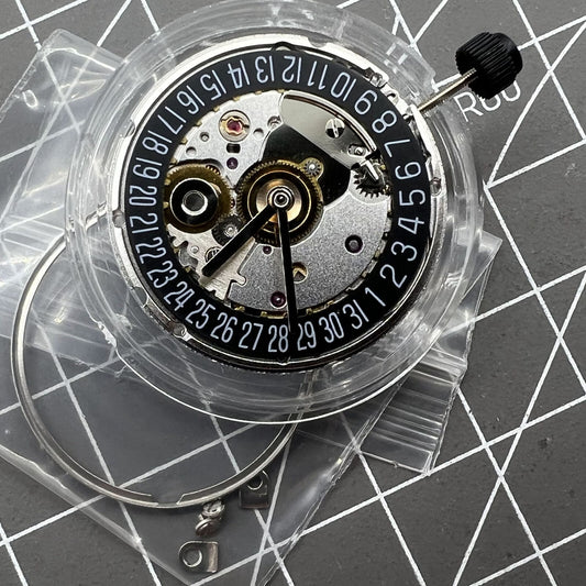 Seagull 2824 automatic watch with black date disk wheel, showcasing precise mechanical movement.