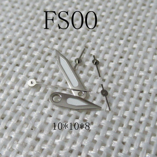 Silver trim green luminous watch hands for Miyota FS00 movement, enhancing readability in low light conditions.