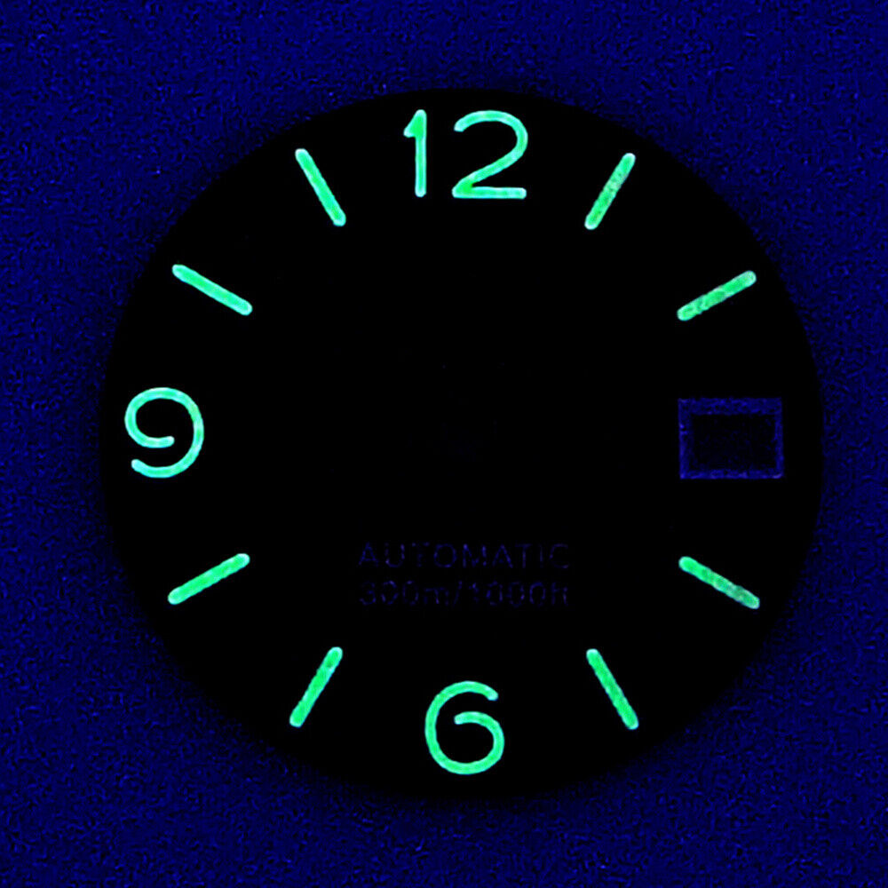 Green luminous watch dial with orange numbers, compatible with NH35/NH36 movements, for precision timepieces.