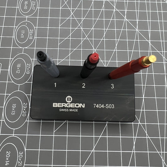 Bergeon 7404-S03 Swiss Made watch hand fitting tools set of 3 with base for precise accessory installation