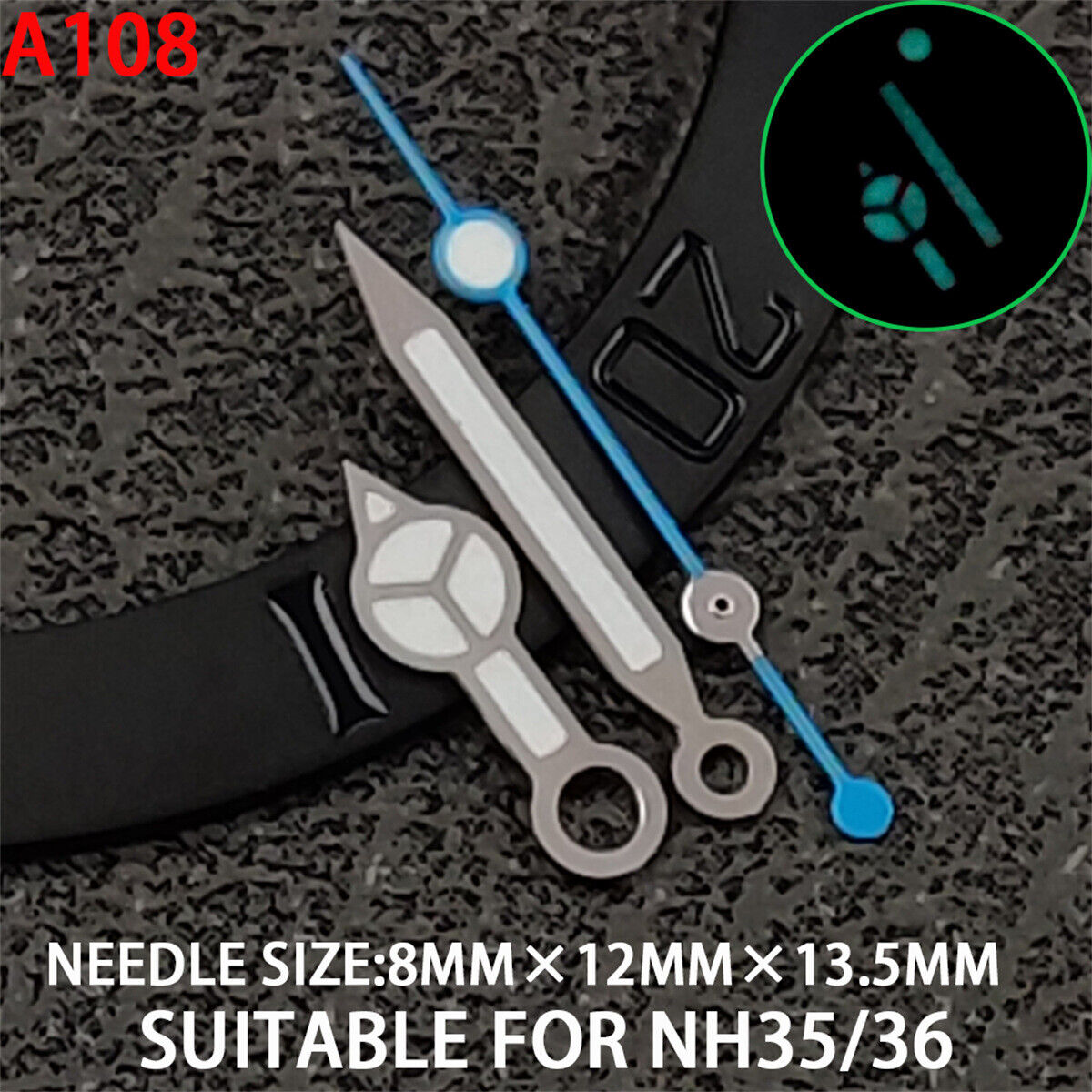 2 Sets/Pack 13.5mm Blue Lume Silver Trim Watch Hands for Movement NH35/36