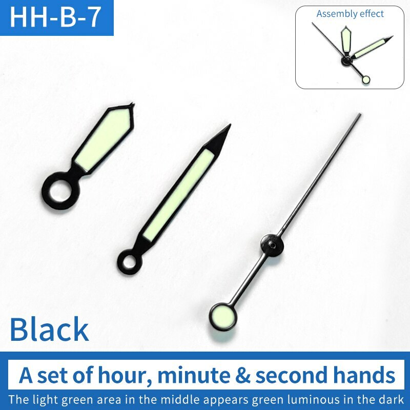 Luminous green watch hands set for NH35/NH36 movement, ideal for watch repair precision.