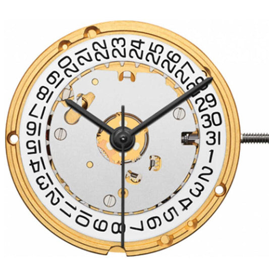 ETA E61.111 quartz watch movement with 3 hands and date display at 3 o'clock, precision timekeeping.