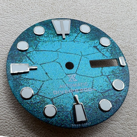 Blue green luminous diving watch dial 28.5mm for NH35 NH36 movement, ideal for DIY watch repair.