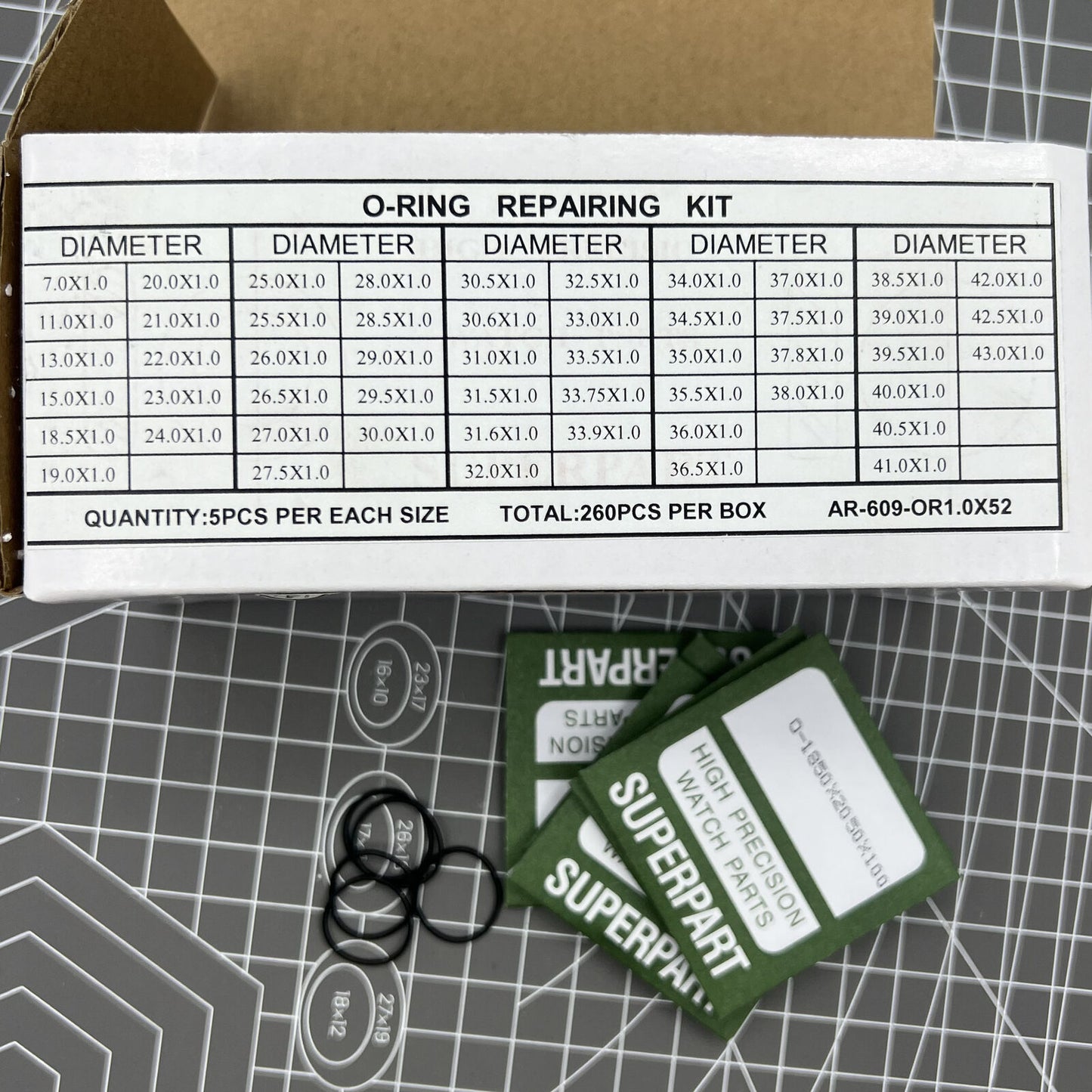 Kit de joints toriques étanches pour fond de montre, épaisseur 1,0 mm, 52 tailles, 260 pièces