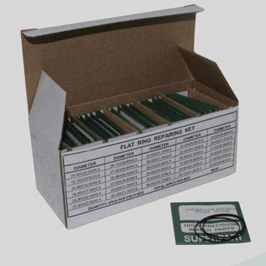 Set of 90 waterproof black F-ring gaskets in 30 sizes for watch back seals, enhancing durability and protection