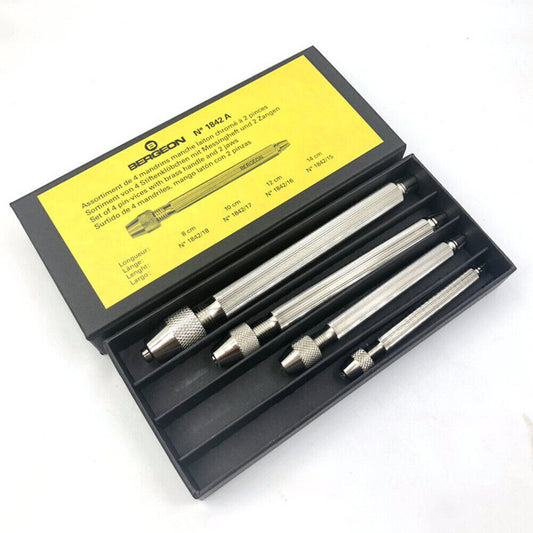 Bergeon 1842-A Swiss tool set featuring 4 square head pin vices holders for watch accessory repairs.