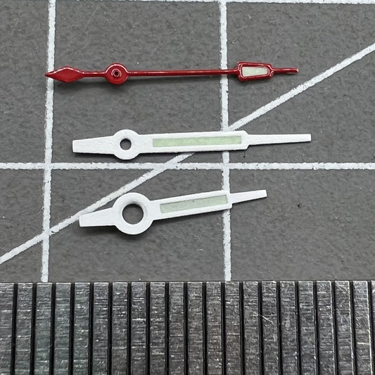 10.5mm white trim green lume watch hands for quartz movement by Hattori Epson PC32, precise time display.