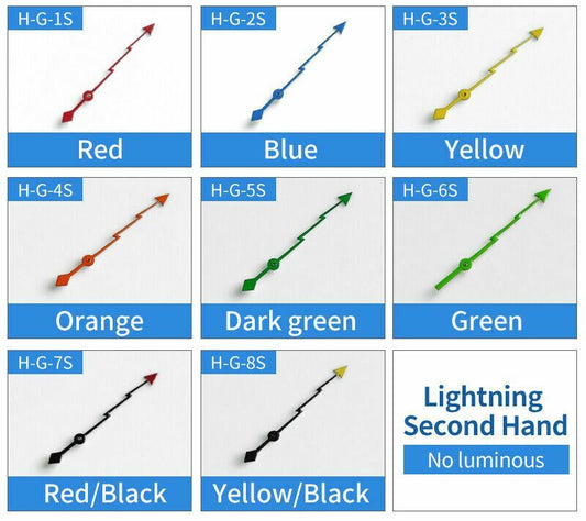 Lightning-style second hands for SKX007 and SKX009 watches, non-luminous, precision fit.