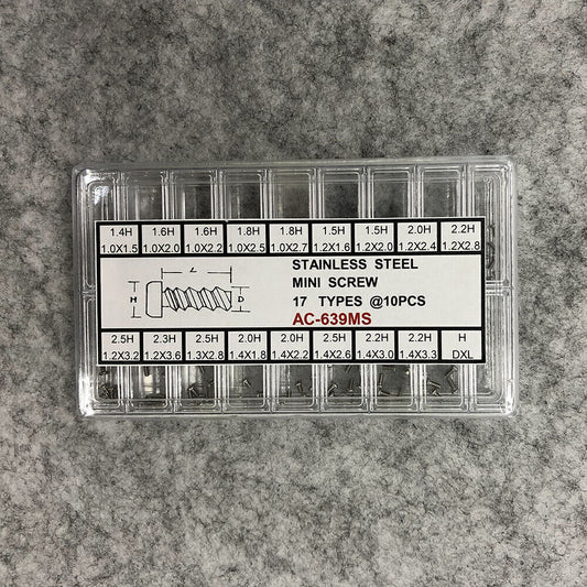 AC-639MS stainless steel mini screws set, 17 types, 10 pieces each for precise watch accessory repairs.