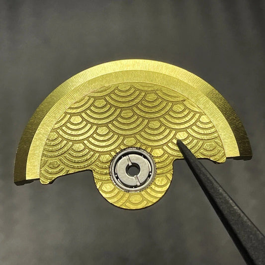 Golden Sea Wave carved rotor oscillating weight for NH35 NH36 watch movement, enhancing automatic winding efficiency.
