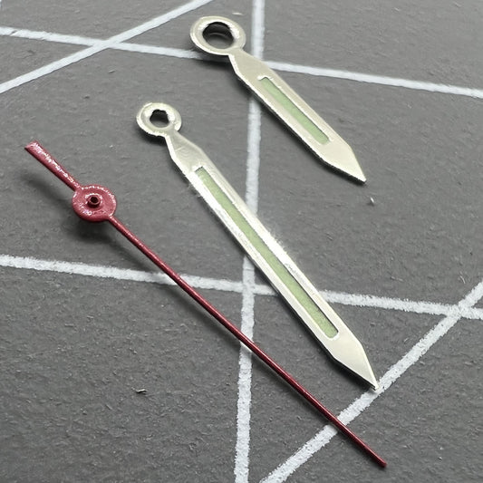 Silver-trimmed watch hand with green lume and red second hand for Miyota 2035 series