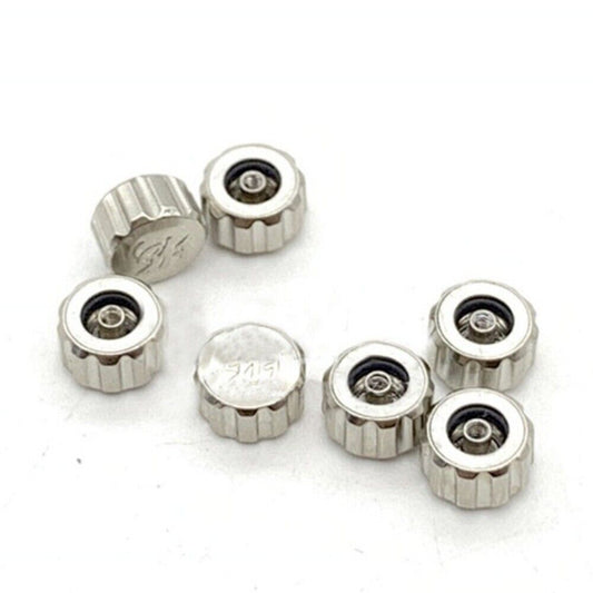Set of 3 flat and round watch crowns for China-made Shanghai 7120 movement, ideal for watch repair and customization.