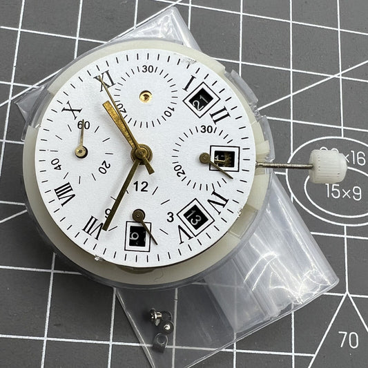 Automatic chronograph watch with ETA 7750 movement, black calendar at 4:30, and seconds subdial at 9.