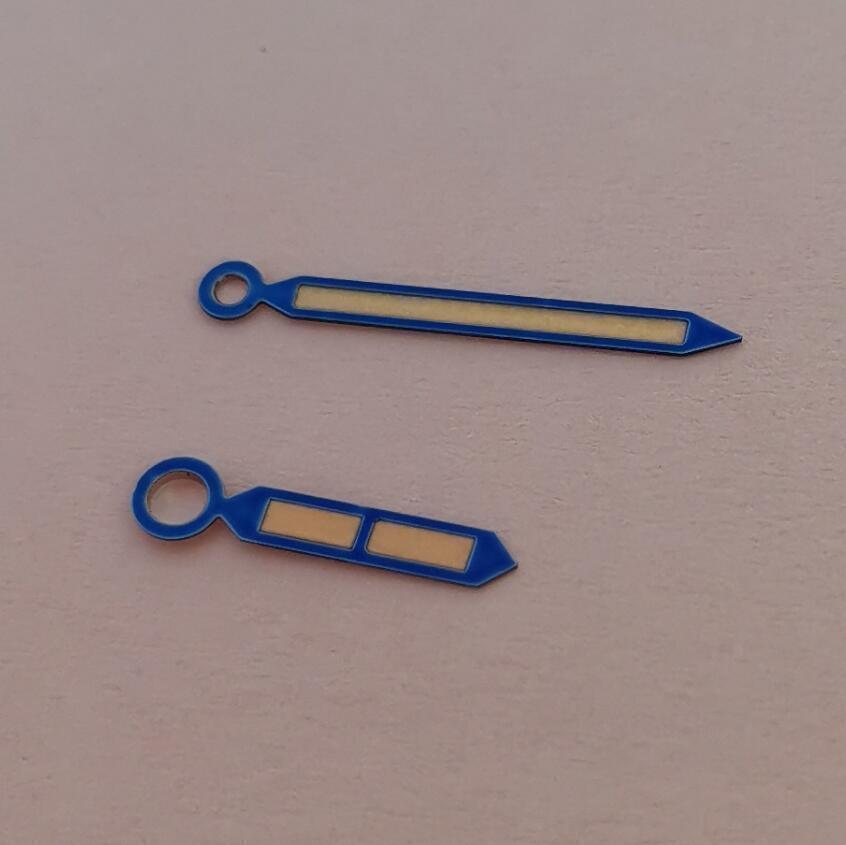Blue-trimmed watch hands with bright green lume for Seagull ST3600/ST3621 and ETA 6497/6498 movements.