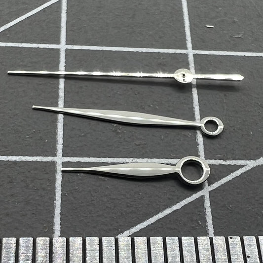 Silver hour, minute, and second watch hands set designed for Miyota 9015 movement, precision-crafted.