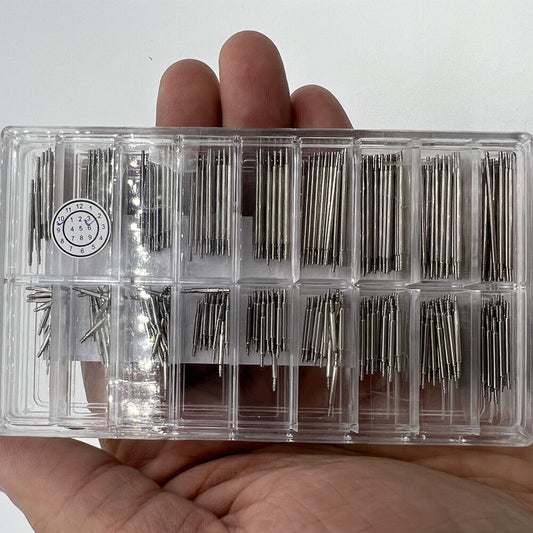 Double flange stainless steel watch spring bars, 1.2mm diameter, 18 sizes, 360PCS kit for watch repairs.