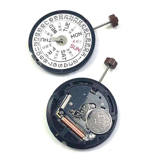Ronda 517 quartz watch movement showing English & Chinese day, date at 3 o'clock, Swiss parts.