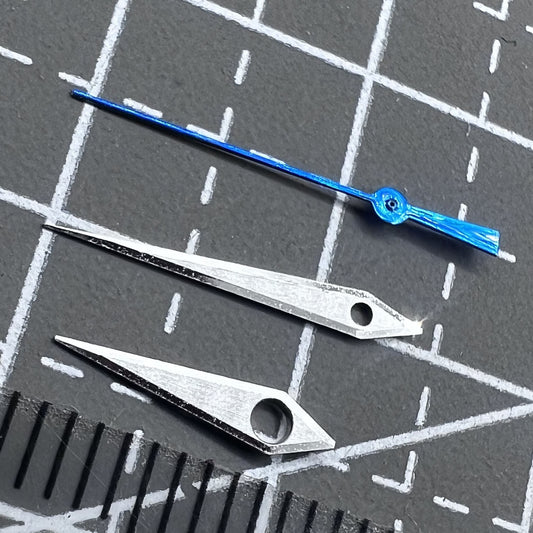 12.5mm silver and blue brushed watch hands for Seiko NH35/36, no lume, sleek accessory