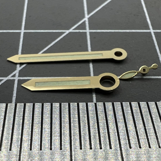 Golden trim green luminous watch hands for ST3600 movement, enhancing visibility and style.