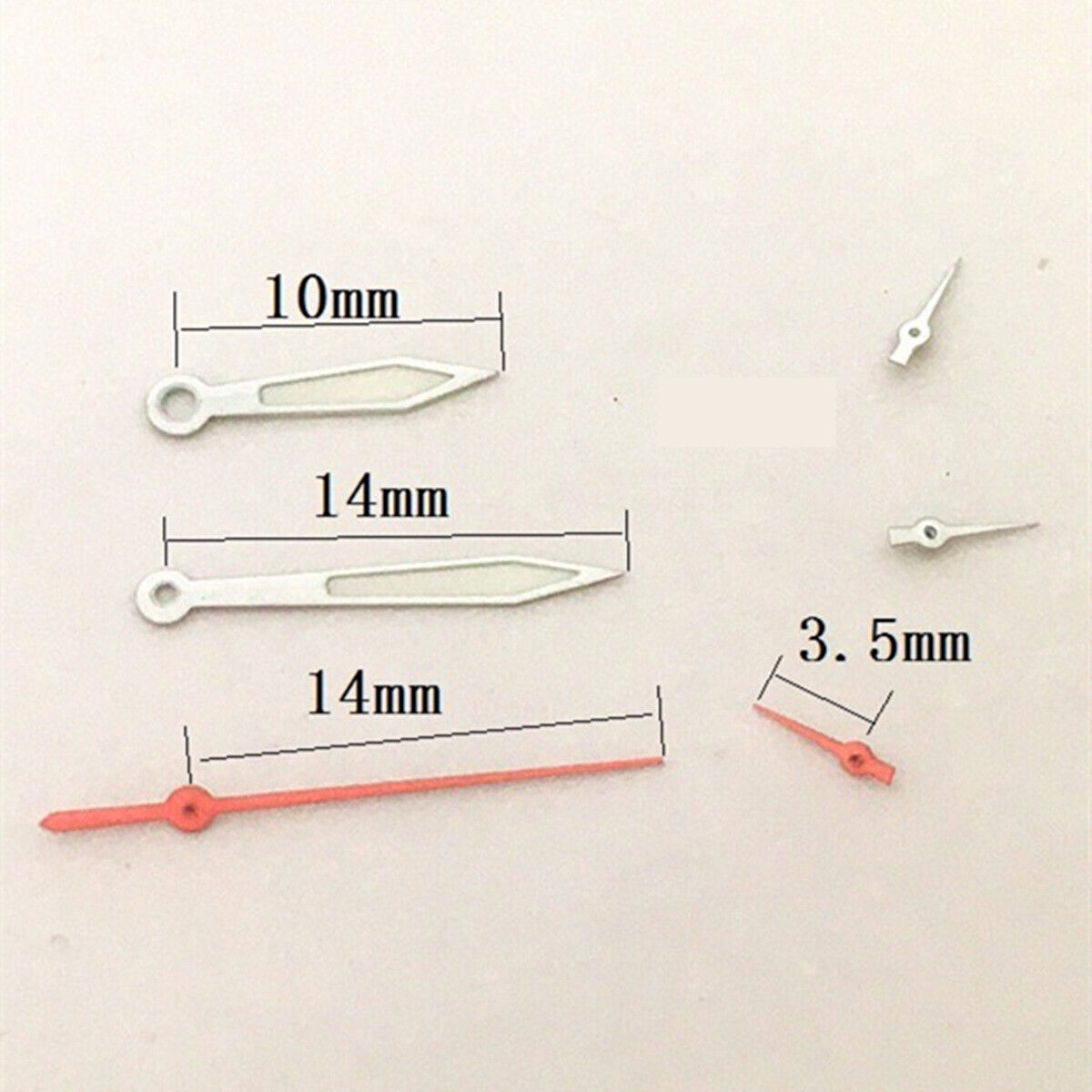 14mm silver arrow watch hands with green lume, compatible with VD53 VD54 VD57 movements, precision fit.